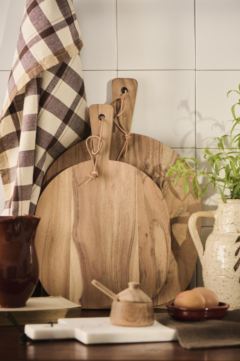 Cutting Board W/Handle W/Leather String Acacia Wood W: 25 H: 1,5 L: 38