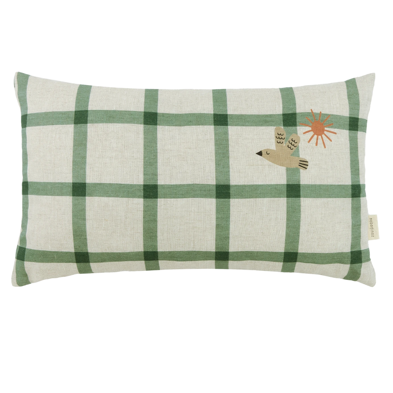 Nobodinoz Rectangular cushion in French linen Vibes M Green Windowpane Bird