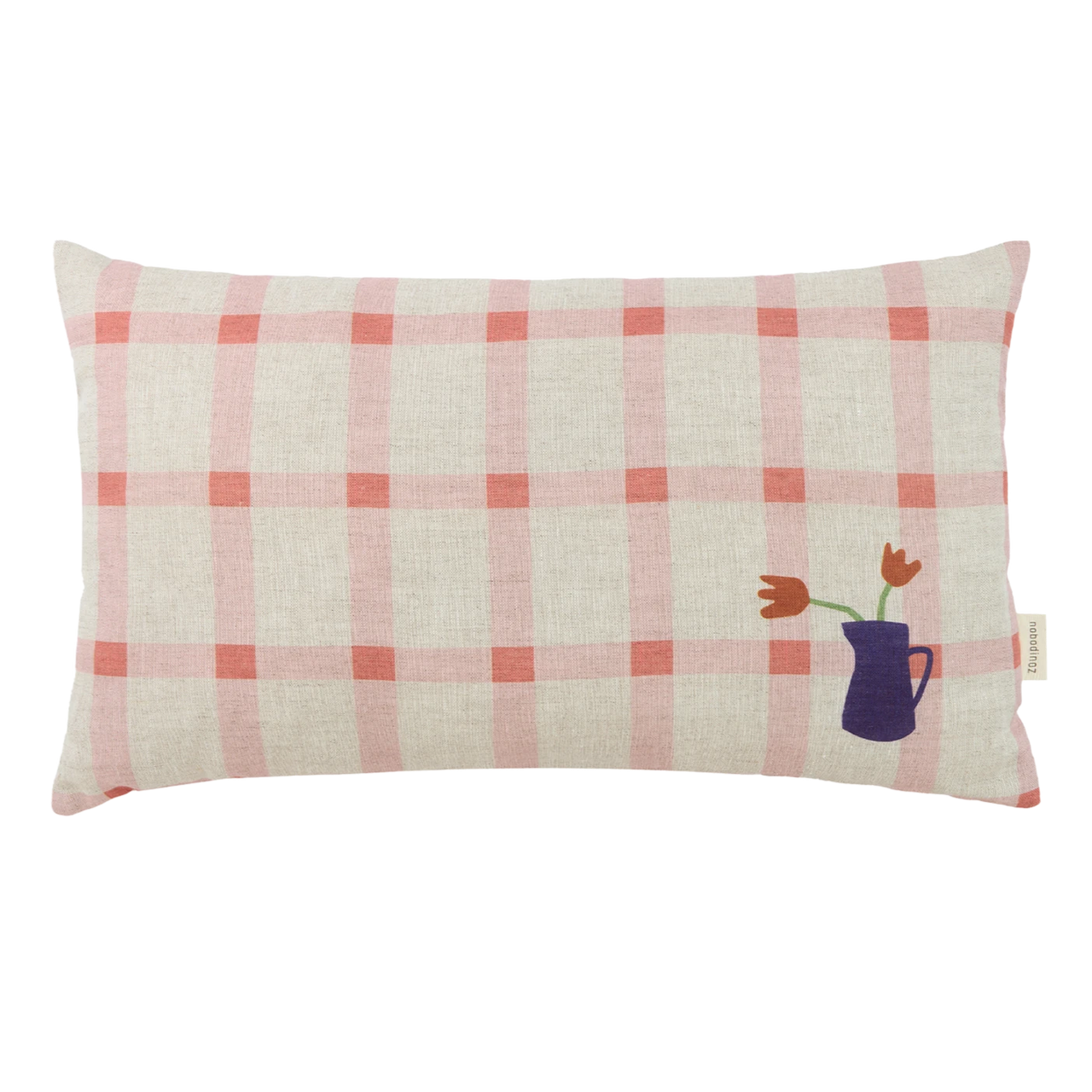 Nobodinoz Rectangular cushion in French linen Vibes M Pink Windowpane Tulips