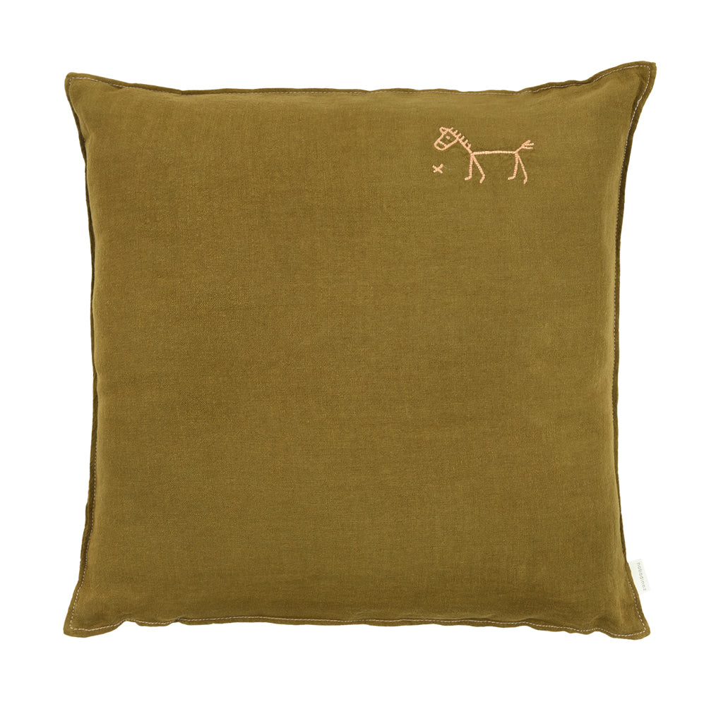 Embroidered square cushion L1N0 in washed French linen Moss Green