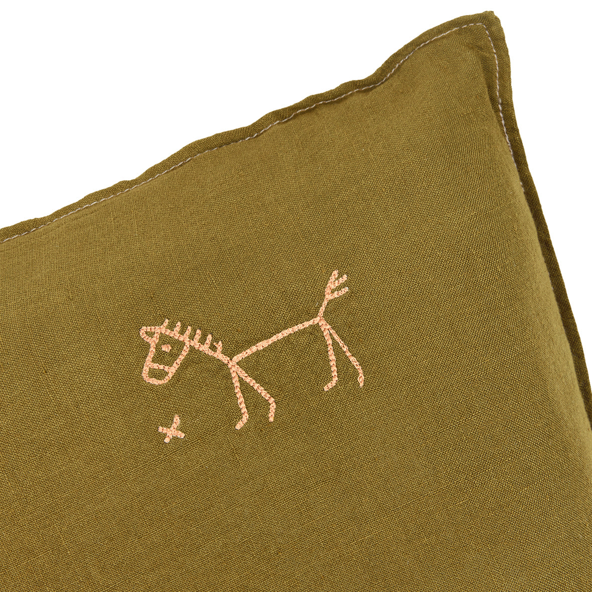 Embroidered square cushion L1N0 in washed French linen Moss Green